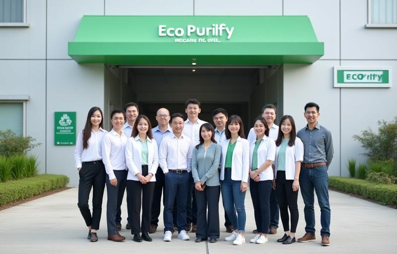 EcoPurify team standing proudly outside their modern recycling facility